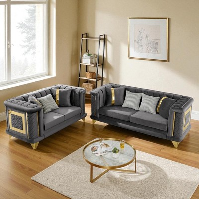 2PCS Velvet Luxury Sofa Set with Gold Stainless Steel Trims and Embroidered Texture, 89" 3-Seater & 69" Loveseat Tufted Couch for Living Room