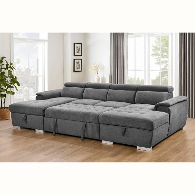 VYNXARIA U Shaped Sleeper Sofa,121 inch Overisze - 2 in 1 Pull Out Bed,Sectional Sleeper Sofa with Double Storage Chaise,Dark Gray