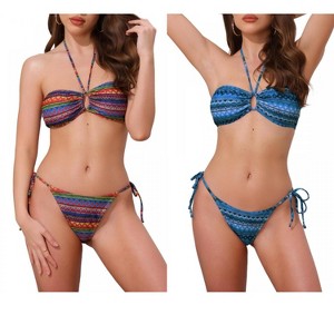 INSPIRE CHIC Women's Colorblock Stripes Ripple Halter Tie Back Top Triangle Bottom Swimwear Bathing Bikini Suits 2 Sets - 1 of 4