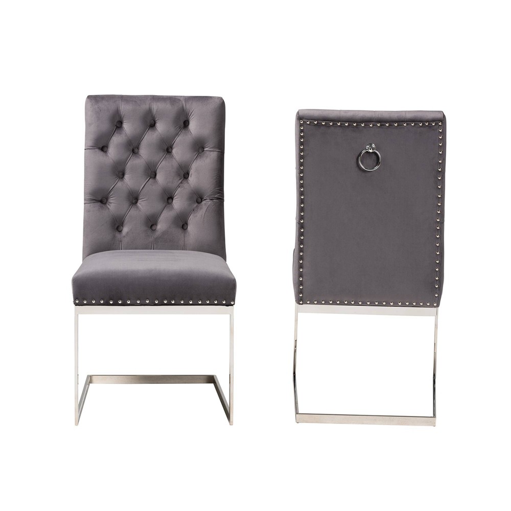 Photos - Chair 2pc Sherine Velvet Fabric and Metal Dining  Set Gray/Silver - Baxton
