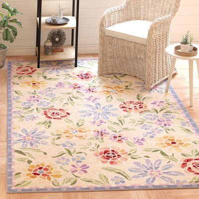 Ivory Floral Hand Hooked Wool Area Rug, 6' x 9'