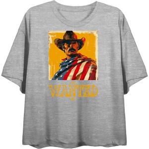 "Wanted" Cowboy With American Flag Women's Crew Neck Short Sleeve Top - 1 of 3
