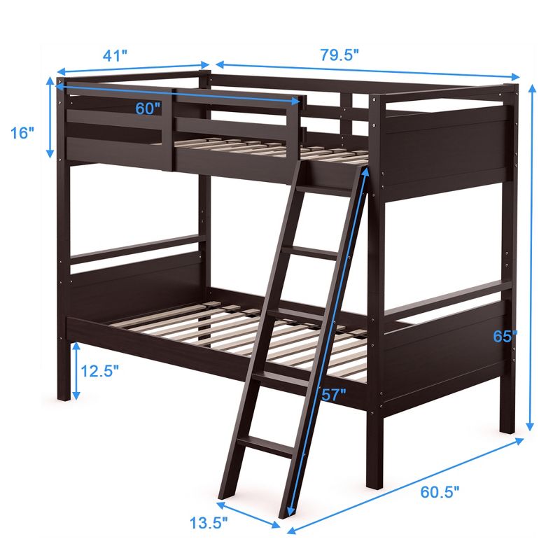 Costway Twin Over Twin Bunk Bed Convertible 2 Individual Beds Wooden White\Espresso\Navy, 3 of 11