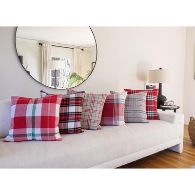 Traditional Check Gray Red Green Cotton Square Throw Pillow