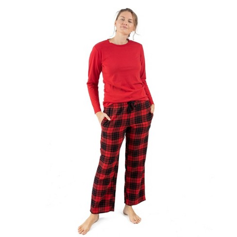 Leveret Womens Pajamas Cotton Top Flannel Pants Plaid Black and Red S