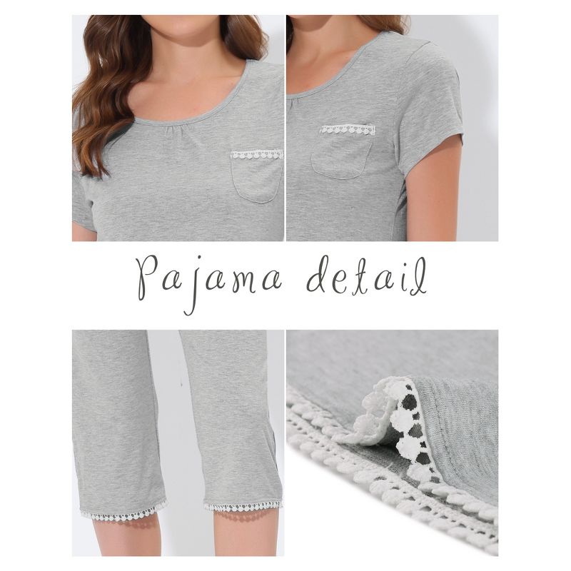 cheibear Women's Sleepwear Pajama Set Nightwear Round Neck Loungewear with Capri Pants, 4 of 6