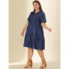 Agnes Orinda Women's Plus Size Chambray Babydoll Half Placket Elastic Back Button Shirt Dresses - 3 of 4