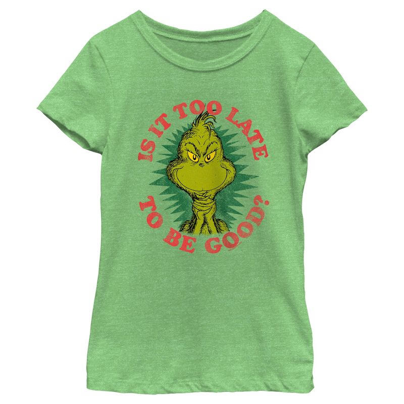 Girl's Dr. Seuss Christmas The Grinch Is it too Late T-Shirt, 1 of 5