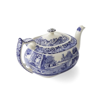Blue and White Earthenware Teapot with Italian Countryside Design