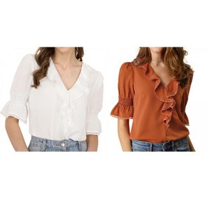 Allegra K Women's Ruffle V Neck Puff Sleeve Summer Casual Chiffon Peasant Top 2 Packs - 1 of 4
