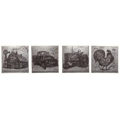 Transpac Farm House Country Motif Metal Galvanized Wall Decor Set of 4, 14.0 x 14.0 inch