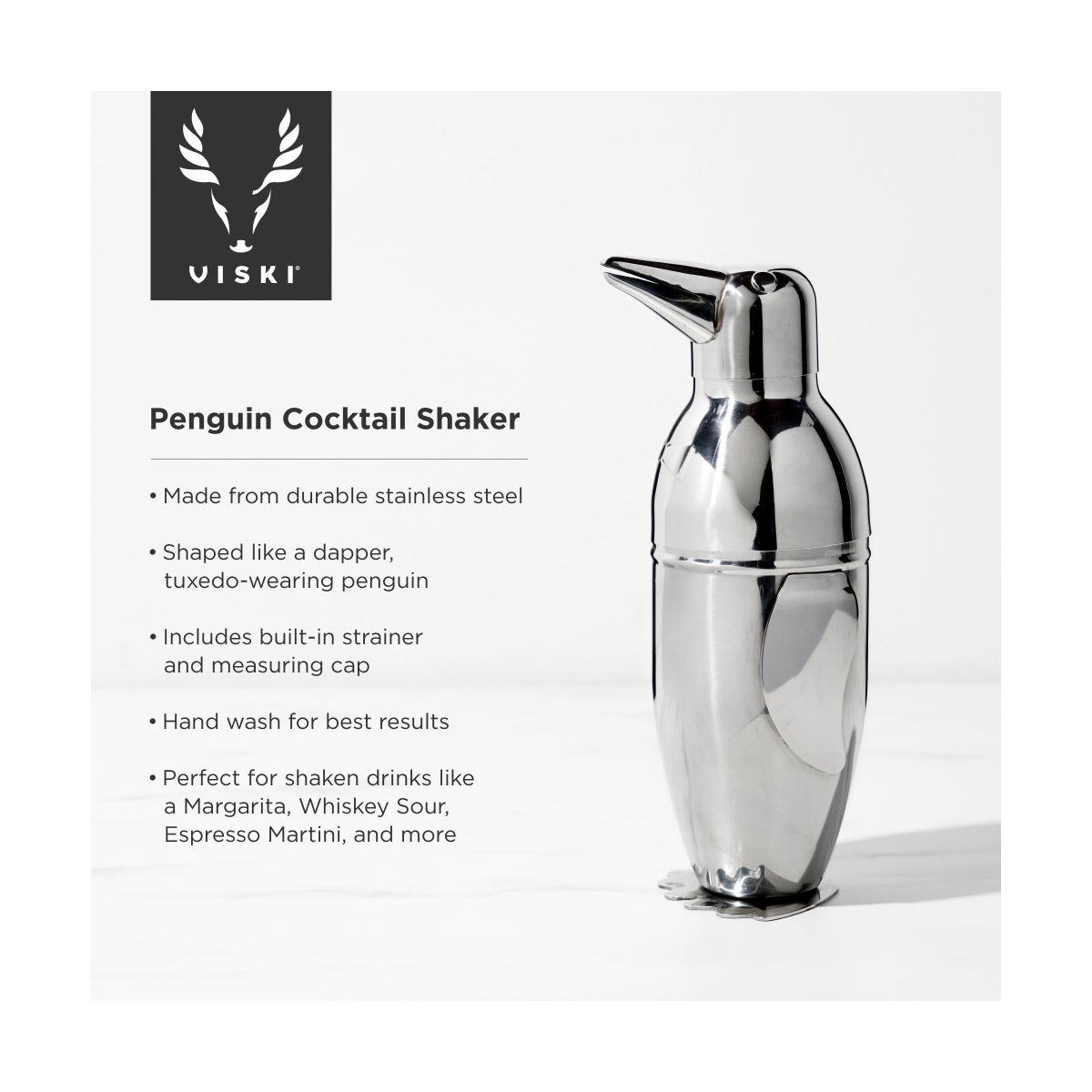 Viski Penguin Cocktail Shaker with Built-in Strainer & Jigger Cap, Stainless Steel Drink Shaker Bottle, Home Bar Essentials, Wedding Gifts, 17 oz - thumbnail 2