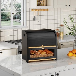 MOEPISY Bamboo Bread Box for Kitchen Countertop, 2 Tier Roll-Top Bread Bin, Black - 1 of 4