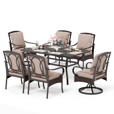 Captiva Designs 7pc Patio Dining Set with Slat-top Rectangle Table & Rattan Metal Fixed Chairs & Swivel Arm Chairs