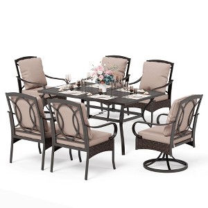 Captiva Designs 7pc Patio Dining Set with Slat-top Rectangle Table & Rattan Metal Fixed Chairs & Swivel Arm Chairs - 1 of 4