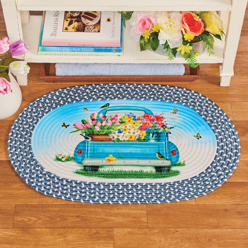 Collections Etc Blue Spring Truck with Beautiful Flowers Braided Rug 30" x 19.5", 2 of 3