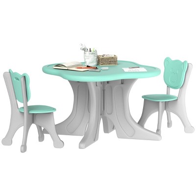INFURNIC Kids Table Sets 3 Piece Table and Chair Set with Bear-Shaped Backrest for Toddlers, Blue, 28.3"*28.3"*19.7"