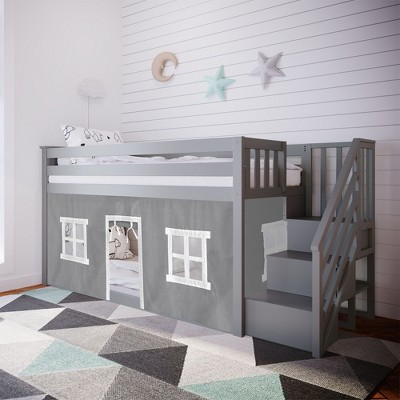 Max & Lily Twin Low Bunk Bed with Staircase and Curtains