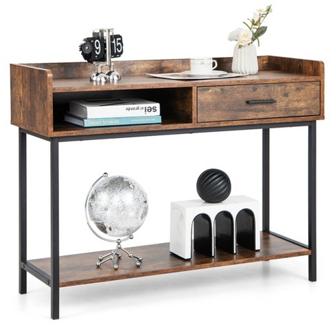 Costway Entryway Table with Charging Station Narrow Console Table with 2  Drawers Brown