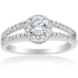 Pompeii3 1ct Halo Split Shank Diamond Vintage Halo Engagement Ring 14K White Gold - 1 of 4