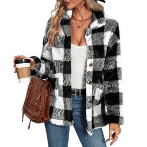 Clearlove Womens Fleece Jackets Plaid Shacket Jacket Coats Casual Long Sleeve Lapel Button Down Outwear Coats - 1 of 4