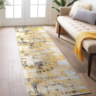Modern Yellow and Gray Abstract Synthetic Runner Rug 2'x7'
