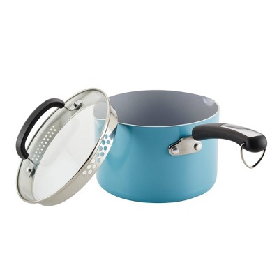 Turquoise Aluminum Nonstick Saucier with Pour Spout and Lid, 3 Quart