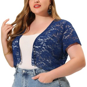 Agnes Orinda Women's Plus Size Short Sleeve Open Front Crochet Lace Allover Cropped Cardigan - 1 of 4