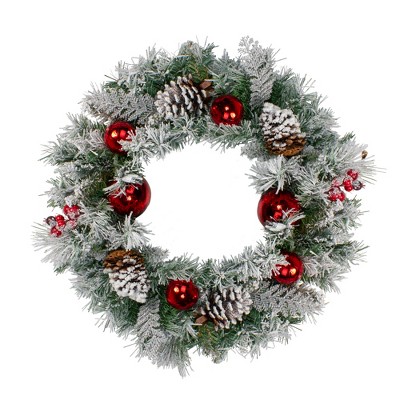 Northlight Flocked Pine with Red Ornaments and Berries Artificial Christmas Wreath, 24-Inch, Unlit