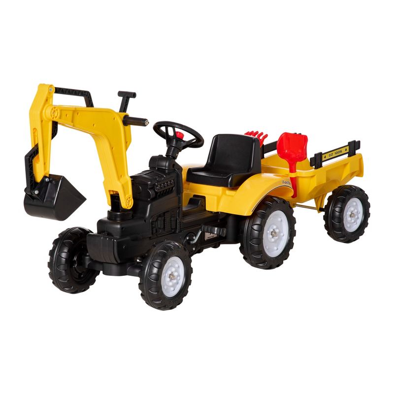 Aosom Kid's Ride-On Toy, Pedal Digger Construction Car with Horn & Detachable Trailer, Yellow, 4 of 7
