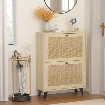 Angel Sar Rattan Shoe Cabinet for Entryway, Slim Shoe Storage Cabinet with 2 Flip Drawers, Natural Wood