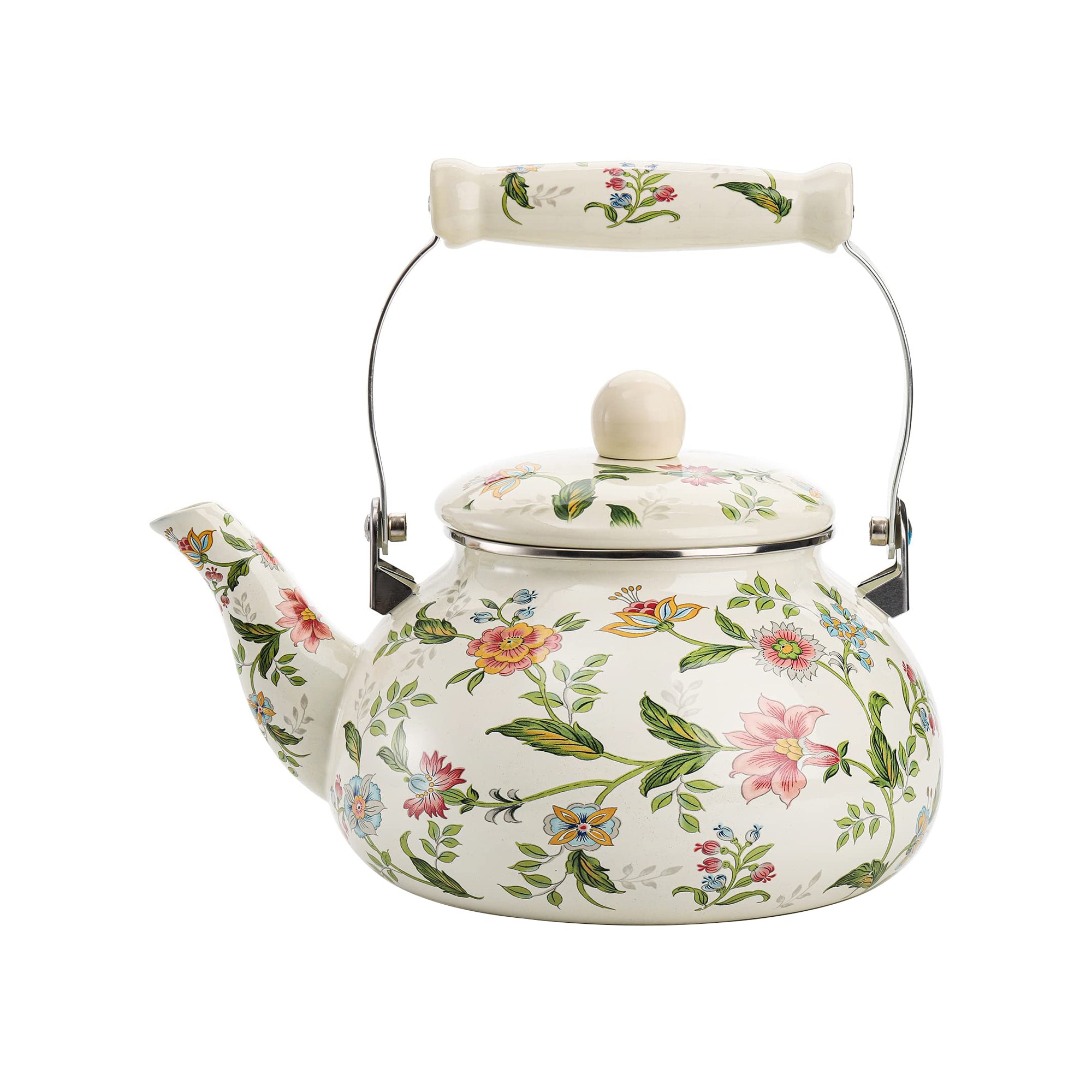 Itopfox Vintage Enamel Tea Kettle, Green Floral Steel Teapot with Cool Touch Porcelain Handle for Stovetop, Home Kitchen Decor, Gift for Housewarming