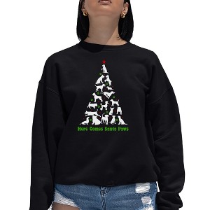 LA Pop Art Here Comes Santa Paws - Women's Word Art Crewneck Sweatshirt - 1 of 4
