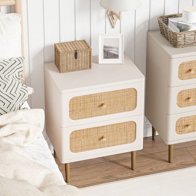 JIONJOY Coastal Wicker Nightstand - 2-Drawer Boho Side Table with Rattan Details & Antique Brass Hardware