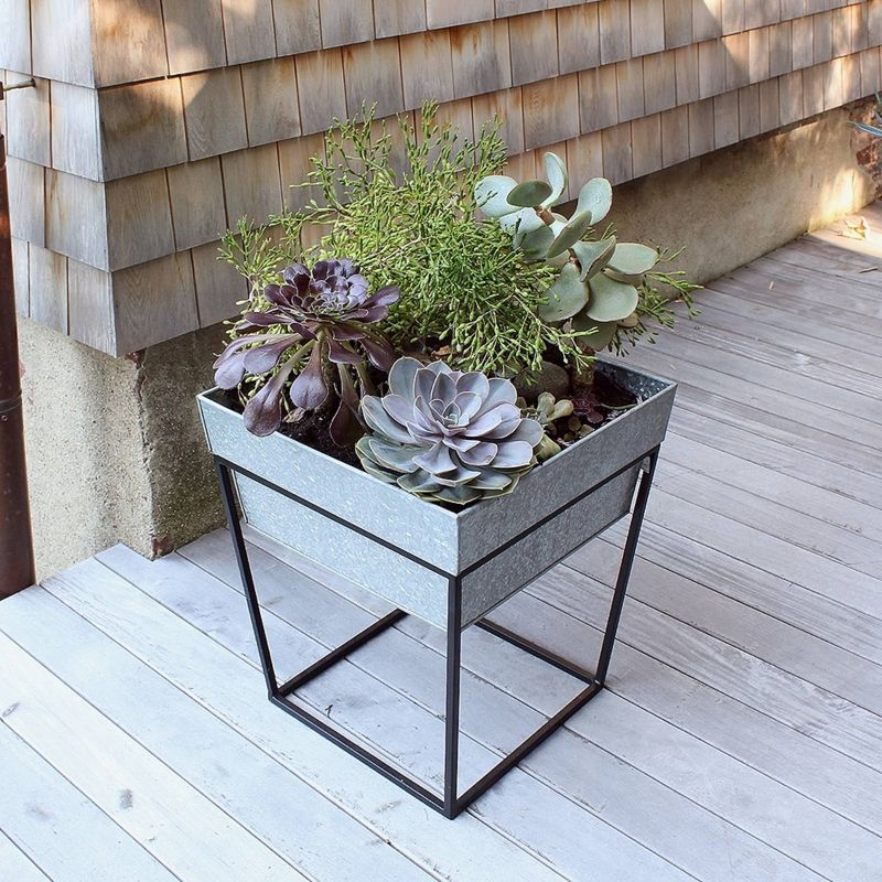 Indoor/Outdoor Arne Steel Plant Stand with Deep Galvanized Tray Black Powder Coated Finish - Achla Designs, 5 of 7