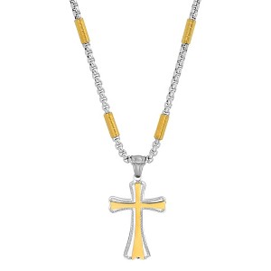 Steeltime 24" two tone stainless steel and 18k gold plated tube link cross pendant - 1 of 4