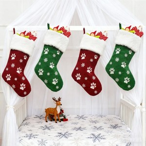FIONECA 4pcs Large Christmas Stockings Dog Paw Print Snowflake Pattern Hanging Stockings Red Green Christmas Decorations Gift Bag Hanging Ornament - 1 of 4