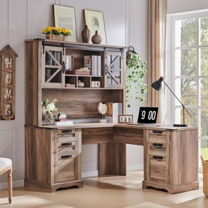 SinCiDo 60" Farmhouse L Shaped Office Desk w/ Hutch, Wood Home Office Executive Desk w/ Drawer & Charging Ports, Storage Cabinet - 1 of 4