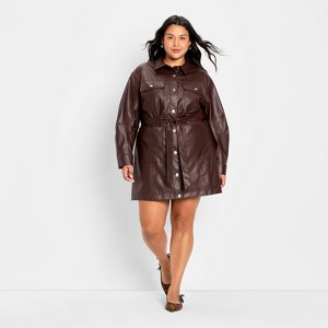 Women's Long Sleeve Faux Leather Mini Shirtdress - Future Collective Brown - 1 of 3