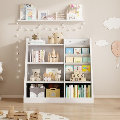 INFURNIC Decorative Bookshelf Kids Wooden Book Storage Children Bookcase with Sling Pockets for Nursery Playroom, White, 35.5"*15.8"*31.5"