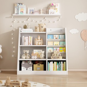 INFURNIC Decorative Bookshelf Kids Wooden Book Storage Children Bookcase with Sling Pockets for Nursery Playroom, White, 35.5"*15.8"*31.5" - 1 of 4