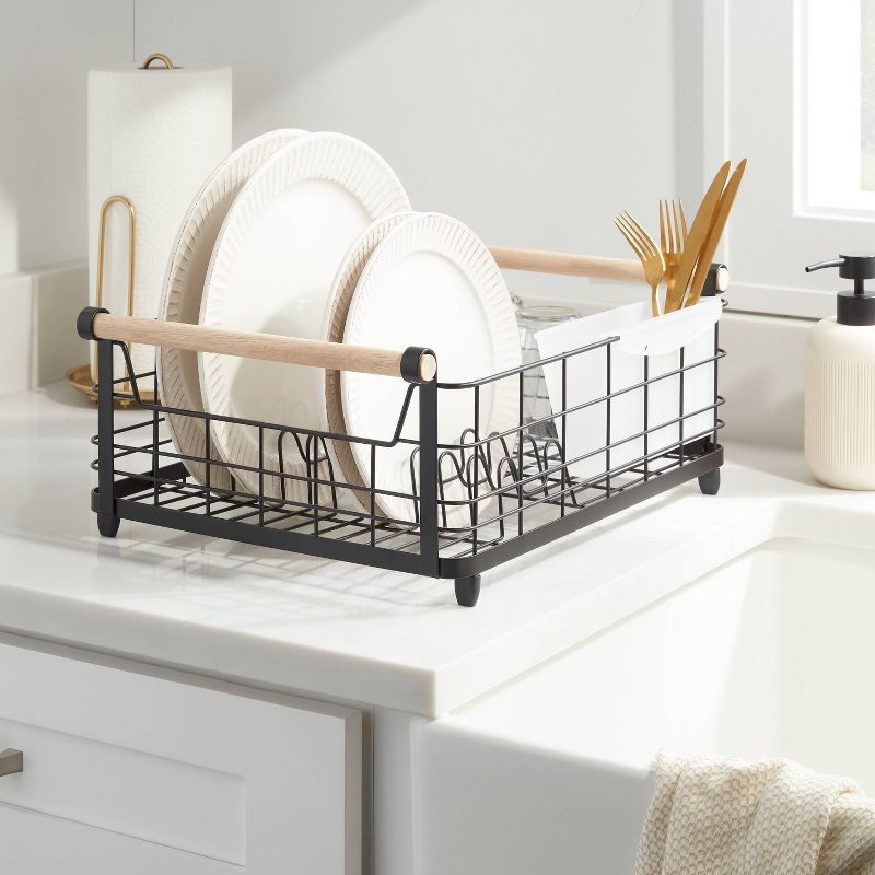 Metal Dish Rack with Powder Coated Finish and Rubber Wood Handles Black - Brightroom&#8482;, 3 of 5