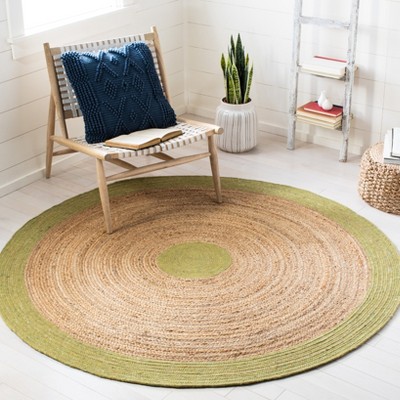 Handmade Green and Natural Round Braided Wool Cotton Rug