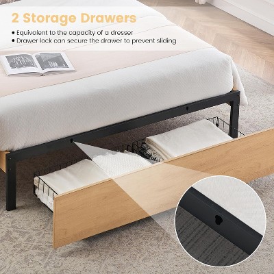 Full Natural Rattan Bed Frame with LED Headboard and Storage Drawers