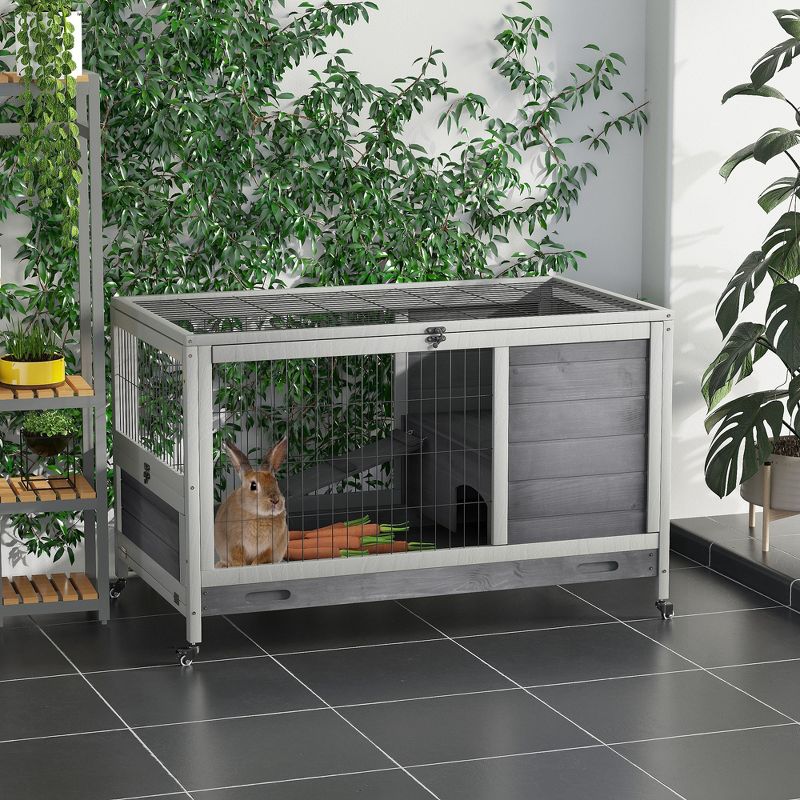PawHut Wooden Rabbit Hutch Indoor Elevated Cage Habitat with No Leak Tray Enclosed Run with Wheels, Ideal for Rabbits and Guinea Pigs, 2 of 7