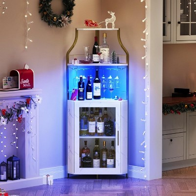 Corner Bar Cabinet – 5-Tier Industrial Wine Storage with Glass Holder & Mesh Doors, Space-Saving Liquor Organizer for Living Room