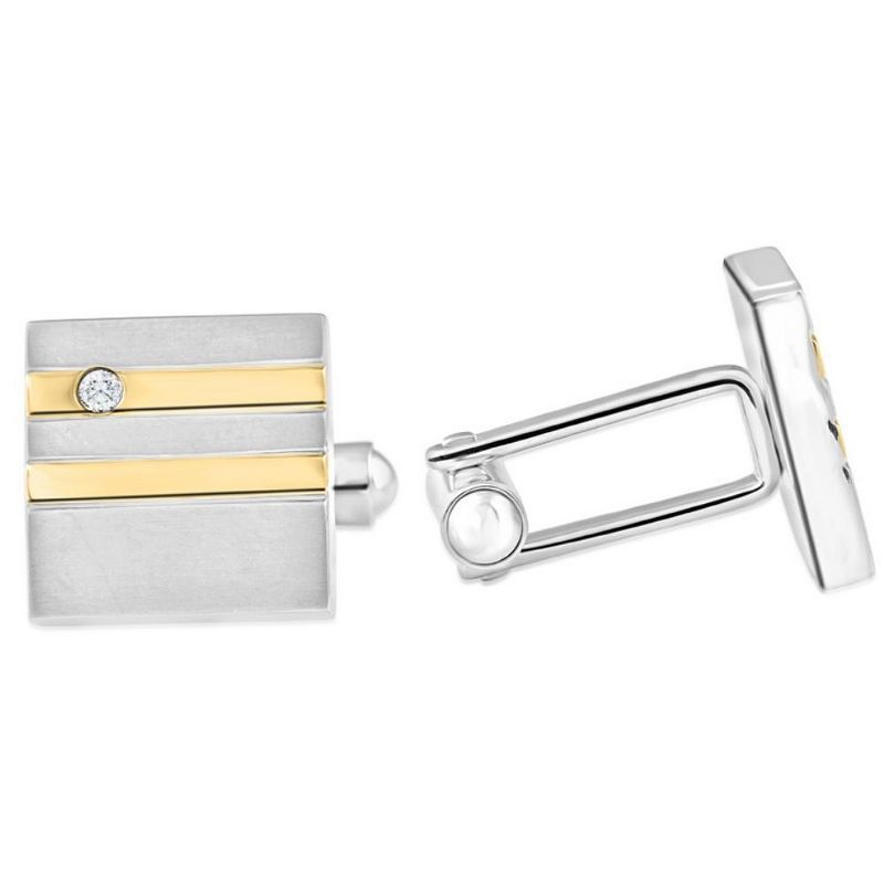 Pompeii3 Men's Stainless Steel And Gold Double Striped Square Polished 14mm Cufflink, 2 of 4