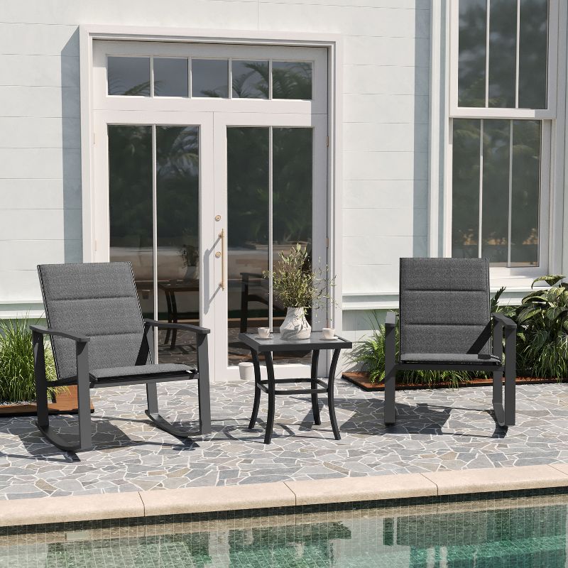 Merrick Lane 3 Piece Outdoor Bistro Set with Flex Comfort Rocking Chairs and Steel Framed Glass Top Table, 2 of 13