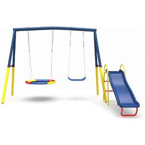 BABYYER Slide and Swing Set, Heavy-Duty Metal Playset with 1 Saucer, 1 Belt Seat and Blow Molded Slide Outdoor Playground Set for Kids - 1 of 4