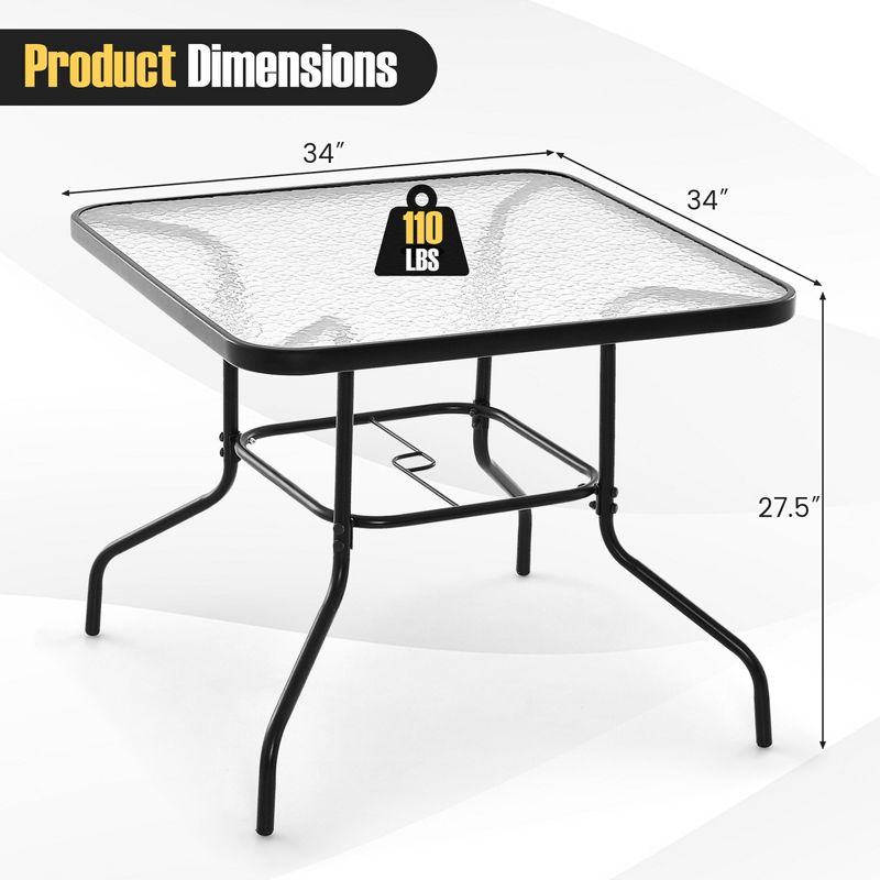 Costway 34 Inch Outdoor Dining Table Square Tempered Glass Table with 1.5" Umbrella Hole, 3 of 9
